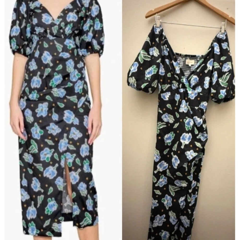 Mello Day Size XS Puff Sleeve Women's Faux Wrap Midi Dress Black Floral NWOT